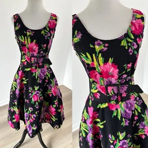 Vintage Steppin Out Women Dress Size 9 Black Floral Scoop Tulle Belt Pink - Picture 1 of 10