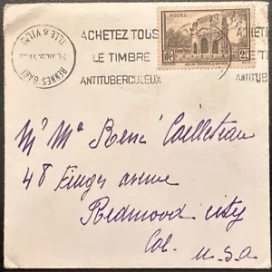 France #342 single franking on cover to US; TB stamps slogan cancel(inverted *d - Picture 1 of 2