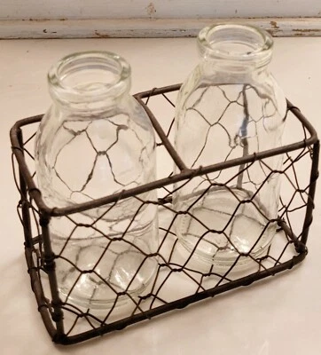 Chicken Wire Basket W/2 Glass Bottles/Jars - Image 1 of 4