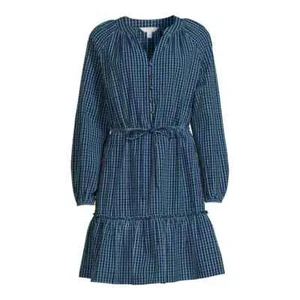 Time and Tru Women's size 2XL 20 Long Sleeve Micro Plaid Dress Dark Navy Plaid - Picture 1 of 9