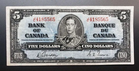 1937 Bank of Canada $5 Dollars Gordon-Towers Signature J/C4185565 BC-23b Cover
