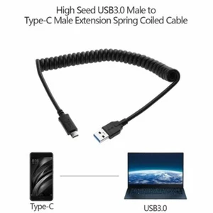 USB 3.0 Male to Type-C USB C 3.1 Male Extension Cable Spring Coiled Extender - Zdjęcie 1 z 10