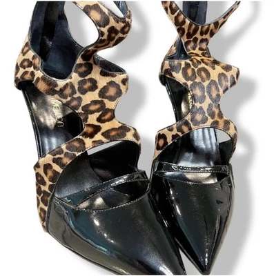Tamara Mellon Black Patent Heels with Leopard Accents Size 8.5 - Image 1 of 4