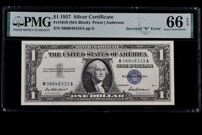 W as M INVERTED PREFIX ERROR $1 1957 PMG66EPQ Silver Cert. M06648333A GEM ppE2 - Image 1 of 4
