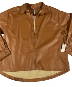 Anthropologie XL Faux Leather Shirt Top Blouse Cedar Brown New - Picture 1 of 6