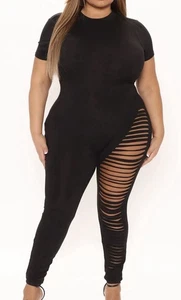 Fashion Nova Size 3X Black Distressed Leg Bodycon Keep On Slashing Jumpsuit NWT - Picture 1 of 6