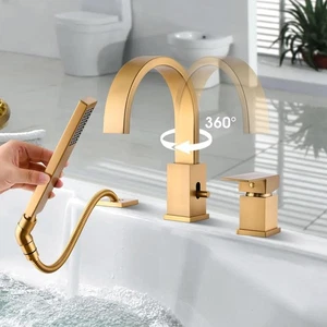 Echt Messing Römerwanne mit Sprühdeck, 3 Loch Wasserfall Wasserhahn mit 360 Auslauf - Bild 1 von 3