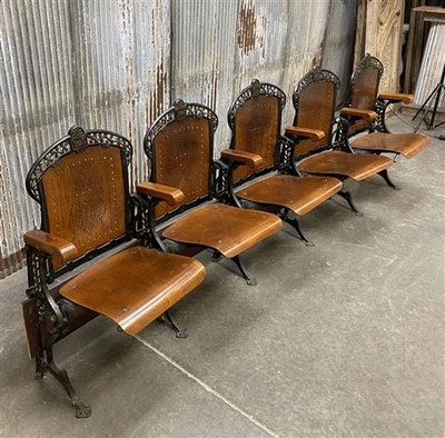 5 Wood Iron Folding Theater Seats, Auditorium Seats, Entryway Bench, D31 - Image 1 of 4