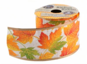 Neu Drahtkantenband Erntedank Herbst Herbst Farben ~ Blätter mit Gold  - Bild 1 von 3