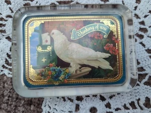 Vtg Rectangle Glass Paperweight Postcard Dove "THINKING OF YOU" Gold Gild Edge - Picture 1 of 12