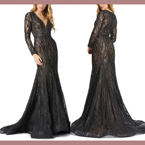 NWT Mac Duggal [ 12 ] 79291 Beaded Lace Long Sleeve Plunge Neck Gown Black #J64 - Picture 1 of 16