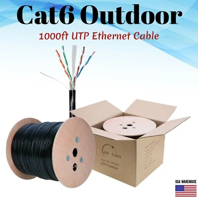 1000ft Cat6 Outdoor Ethernet Cable UV Rated 23AWG UTP Solid Direct Burial Black - Image 1 of 4