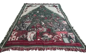 Vintage Christmas Cats Woven Fringe Throw Blanket Holiday Decor GUC - Picture 1 of 20
