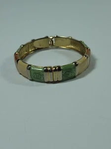 Vintage Light Brown Green Enamel GoldTone Clamper Bangle Bracelet - Picture 1 of 10