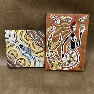 2x VINTAGE AUSTRALIAN ABORIGINAL ART WORKS ON CANVAS DOT PAINTING YARRAMUNUA - Picture 1 of 7