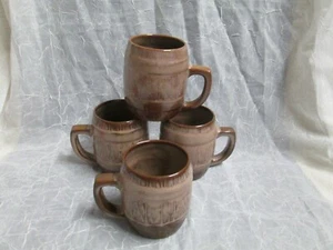 FRANKOMA Art Pottery SET FOUR Brown Satin Wagon Wheel Barrel Coffee Mugs Vintage - Picture 1 of 6
