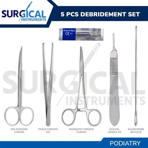 5 Pcs Debridement Pack Kit Stainless Steel Podiatry Instruments Set German Grade - Picture 1 of 9