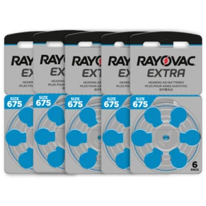 30 cells x Rayovac Extra Hearing Aid 675 Size batteries Zinc air Mercury free - Picture 1 of 2