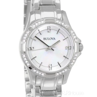 BULOVA 女士铺面水晶正装手表,白色拖把表盘,银色不锈钢 — 第 1/4 张图片