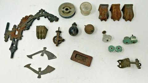 Antique Metal Claw Furniture Feet Pulleys, Drawer pulls, Victorian Window lock + Cover