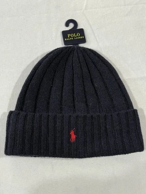 Polo Ralph Lauren Knit Beanie Hat Wool Blend Ribbed Cuff Navy Blue Red NWOT - Image 1 of 4