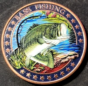 1oz Copper Round! BASS FISHING Canada Flag Maple Colorized Bullion! Great Gift! - Picture 1 of 2