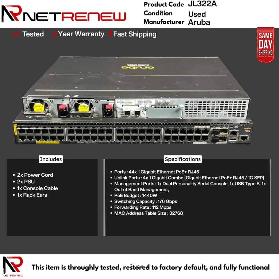 JL322A  Hpe Aruba 2930M Dual AC  48 Port PoE+ Switch - Image 1 of 1