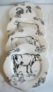 S/4 Barnyard Toile by J. Willfred 11 3/4" Plates Black & white Cow Pg Rooster + - Picture 1 of 12