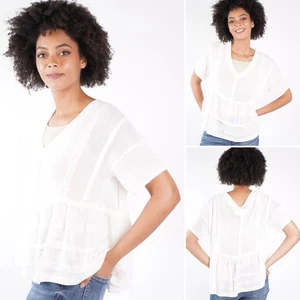 Neu ohne Etikett POL V-Ausschnitt Babydoll Strickoberteil LARGE weiß halbtransparent leichter Pullover - Bild 1 von 16