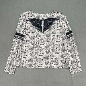Sundance Blouse Floral Lace Trim Navy Blue Large Long Sleeve Peasent Top - Picture 1 of 6