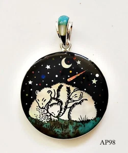 LOVING SOW & CUBS MOTHER OF PEARL TURQUOISE INLAY .925 SILVER MEDALLION PENDANT - Picture 1 of 4