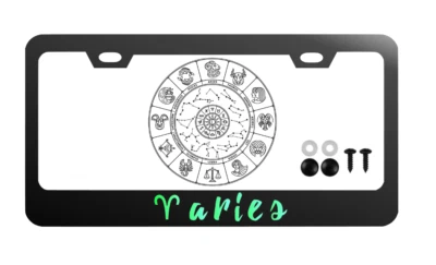 Glowing Aries Zodiac Horoscope Black Metal License Plate Frame Fits all Vehicles - Image 1 of 2