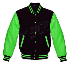Letterman Varsity Bomber Black Wool Body And Kelly Green Leather Sleeves jackets