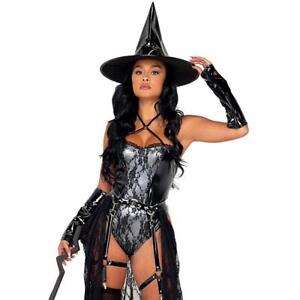 Witch Costume Set Vinyl Lace Bodysuit Garter Belt Draped Skirt Pointy Hat 5075