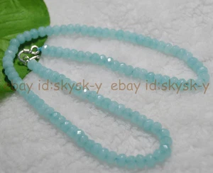 Long 22" 4x6mm Blue Aquamarine Faceted Roundel Gems Beads Necklace Silver Clasp - Picture 1 of 3