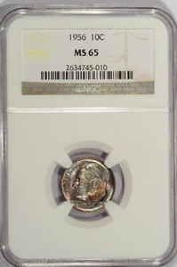1956-P ROOSEVELT DIME / BEAUTIFUL TONING & NICE LUSTER ON BOTH SIDES / NGC MS65 - Picture 1 of 4