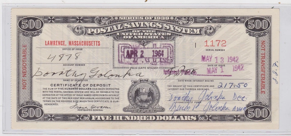 $500.00  SERIES OF 1939 POSTAL SAVINGS SYSTEM CERTIFICATE PAID LAWRENC MA  12113 - Image 1 of 2