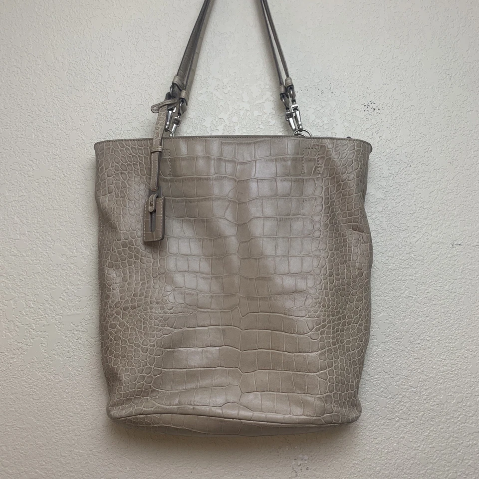 Max Mara Large Beige Croc Embossed Leather Tote Hobo Bag COTTAGECORE NUDE SKIN - Image 1 of 4
