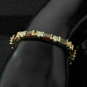 14 CT Emerald Cut Lab-Created Red Ruby Tennis Bracelet 14K Yellow Gold Finish - Picture 1 of 4