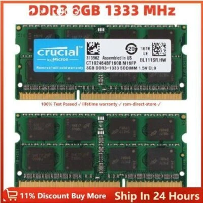 CRUCIAL DDR3 4GB 8GB 16GB 1333 PC3-10600 Laptop SODIMM 204-Pin Memory RAM 10600S - Image 1 of 4
