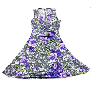 SABA Dress Womens Small Purple Black Floral Aline Flared Hem Sleeveless V Neck - Picture 1 of 14
