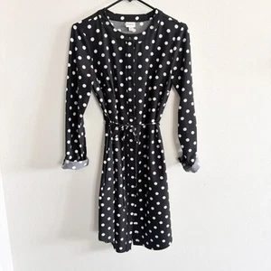 Merona Women's Sz S Black and White Polkadot Long Sleeve Collarless Shirt Dress - Picture 1 of 10
