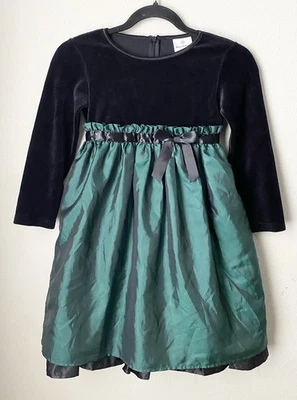 Hanna Andersson Black Velvet Green Satin Holiday Dress 120 6 7 Years - Image 1 of 4