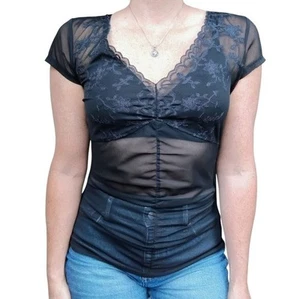 INC Y2K Sheer Mesh Lace Top Womens Medium Black Whimsigoth Witchy Embroidered - Picture 1 of 9