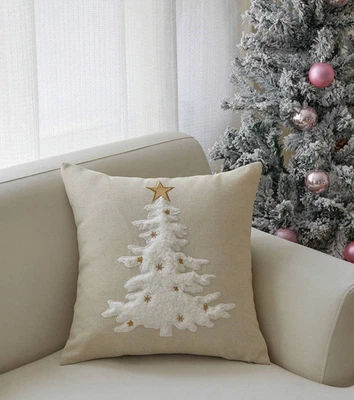 Luxury Beige Christmas Cushion Cover Embroidered White Plush Xmas Tree HomeDecor - Image 1 of 4