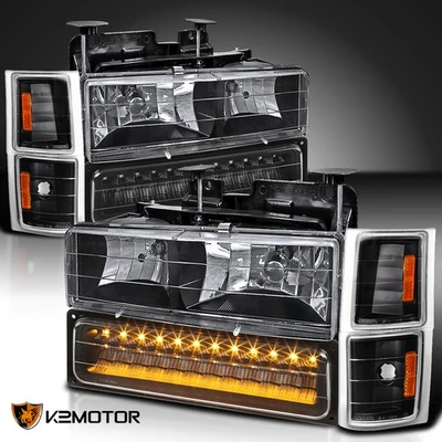 Fits Black 1994-1998 Silverado C/K Tahoe Suburban Headlights+LED Bumper+Corner Foto 1 de 4