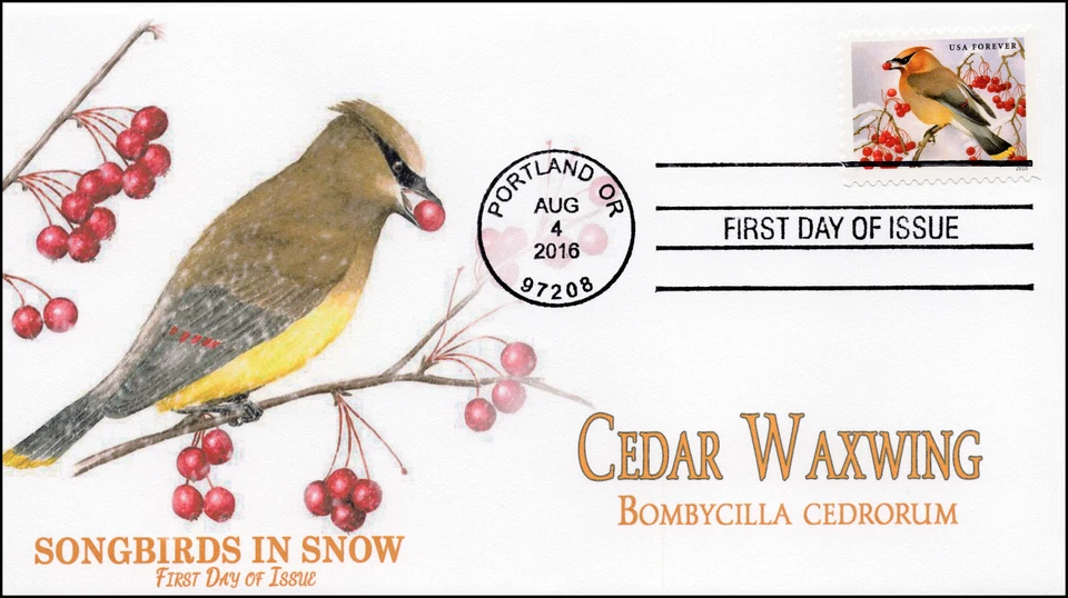 2016, Songbirds in Snow, Cedar Waxwing, FDC, 16-243 - Image 1 of 1