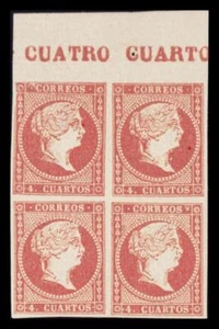 1º y 2º Centenario. (*) MNG  44(4). 1855. 4 cuartos rojo, bloque de cuatro, bor - Imagen 1 de 1