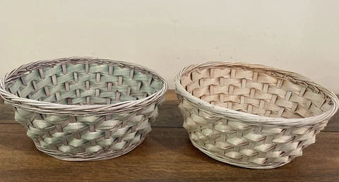 2 Vintage Round Basket White Washed with blue & pink tones 9" Diameter 4" Height Cover