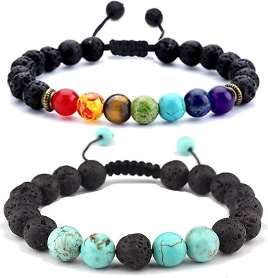7 Chakra Necklace Bracelets Set for Women Men Lava Rock Stone Beads Yoga Healing - Image 1 of 4